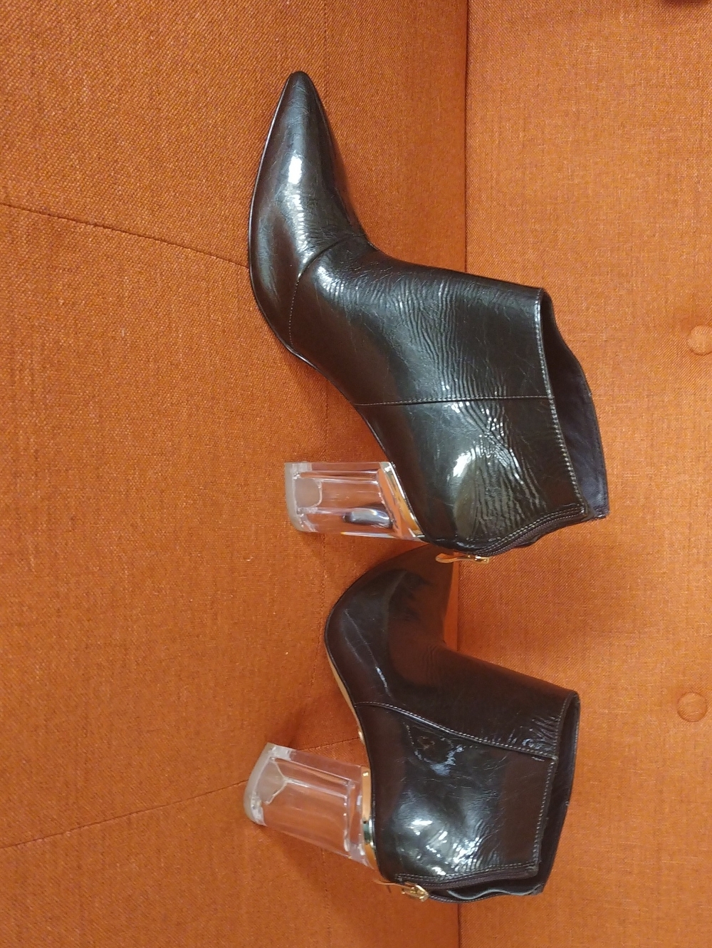 CECELIA NEW YORK Black Patent Ankle Booties with Clear Block Heel 3.5 Like New